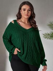 SHEIN LUNE 大碼挖肩麻花編織套頭毛衣 - 墨綠色 - 查看 3