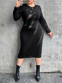 SHEIN ICON Hơn Rách Đầm Áo len - màu đen - Xem 1