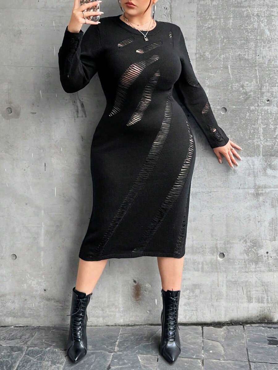 SHEIN ICON Hơn Rách Đầm Áo len - màu đen - Xem 1