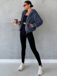 RueChic Women's Solid Color Hooded Fleece Jacket - Dark Grey - View 4