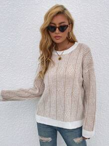 SHEIN Essnce 女士休閒落肩彩色拼接毛衣 - 杏色 - 查看 4