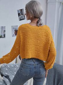 SHEIN LUNE Của phụ nữ Áo len Với Ngọc trai Giả Đồ trang trí , Tròn Đường viền cổ áo , Tay áo dài - Màu vàng - Xem 2