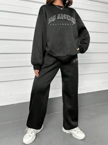 SHEIN EZwear Đồ họa Chữ cái Thả vai Áo len & Quần nỉ - màu đen - Xem 1