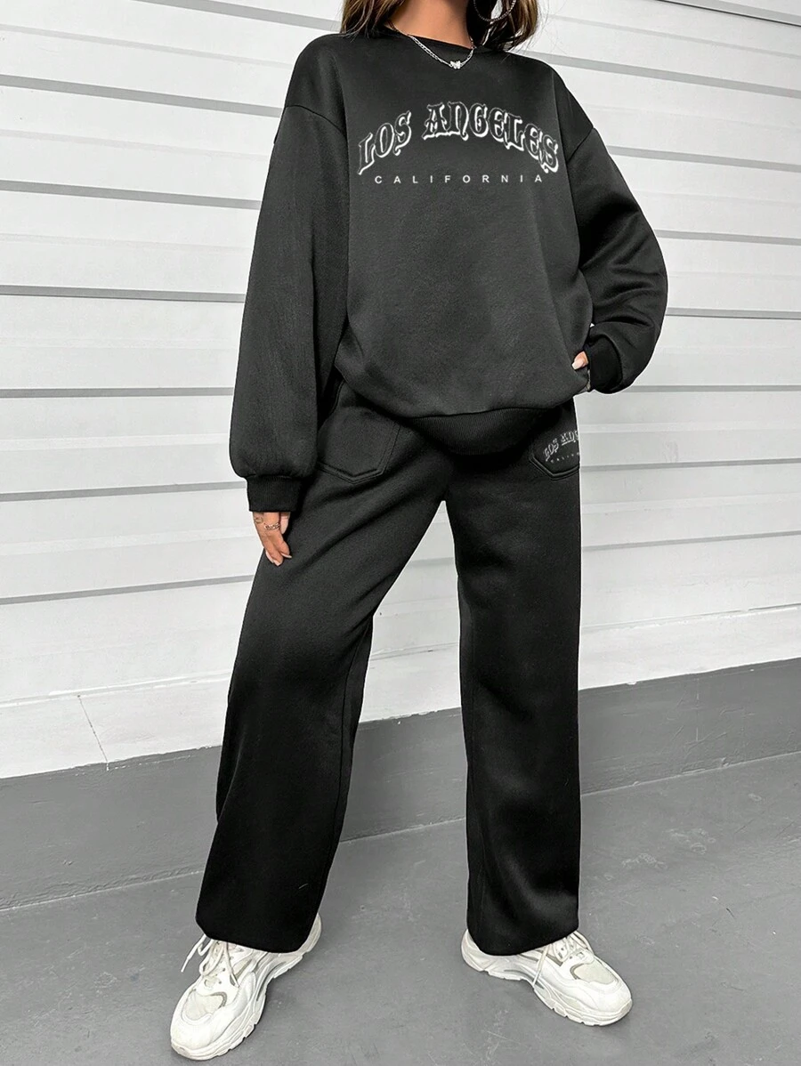 SHEIN EZwear Đồ họa Chữ cái Thả vai Áo len & Quần nỉ - màu đen - Xem 1