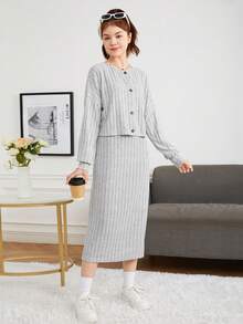 tejido de canalé Cárdigan con Vestido de tirantes Set - Gris - Ver 6