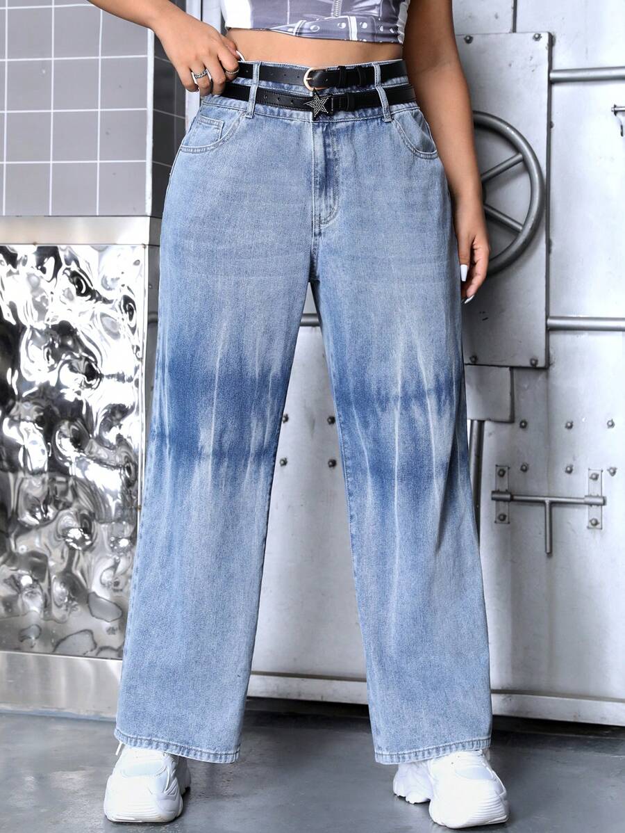 SHEIN ICON Plus Size Straight Leg Denim Jeans Without Belt - Medium Wash - View 1