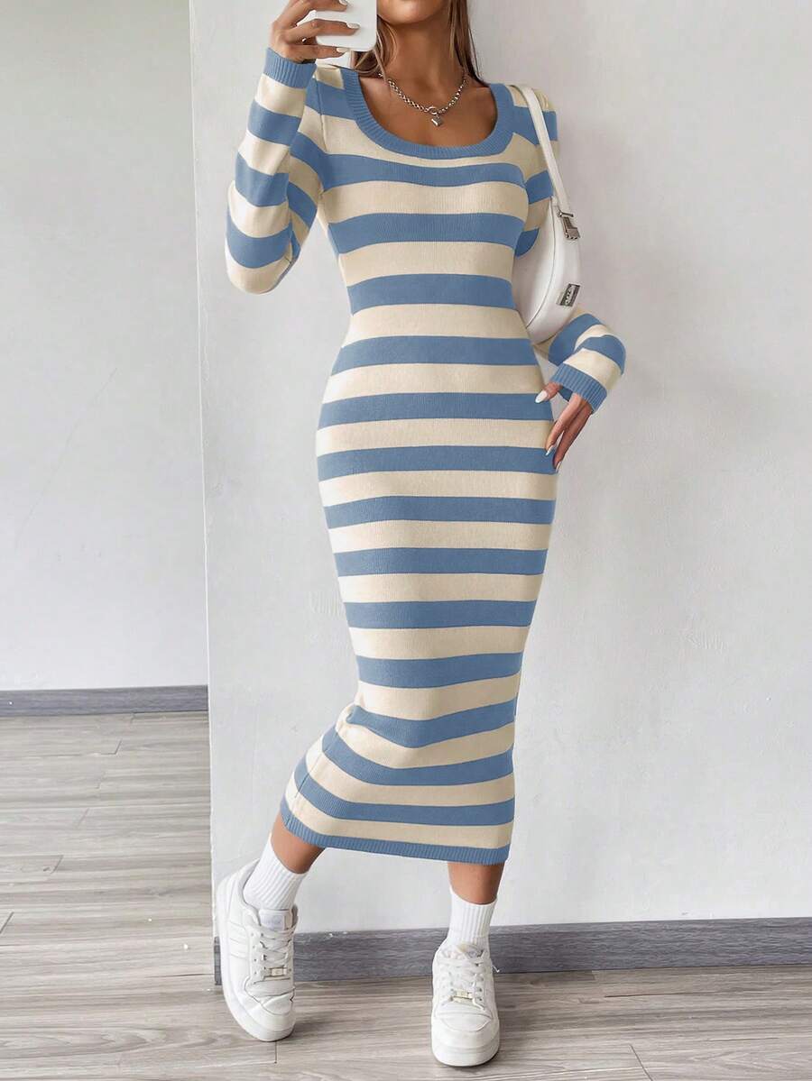 SHEIN Unity 修身條紋長袖貼身連身裙 - 彩色 - 查看 1