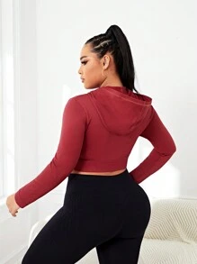SHEIN Sports Plus Size Seamless Hooded Sports Sweatshirt - Burgundy - View 2