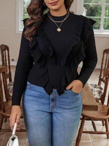Calvaya Plus Size Ruffle Trim Pullover Sweater - Black - View 1