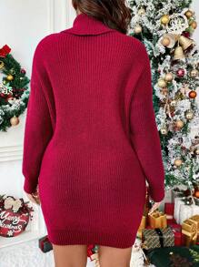 Celure Plus Christmas Snowman Pattern Turtleneck Drop Shoulder Sweater Dress - Red - View 2