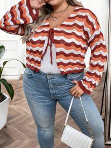 SHEIN CURVE+ Plus Chevron Pattern Drop Shoulder Cardigan - Orange - View 5