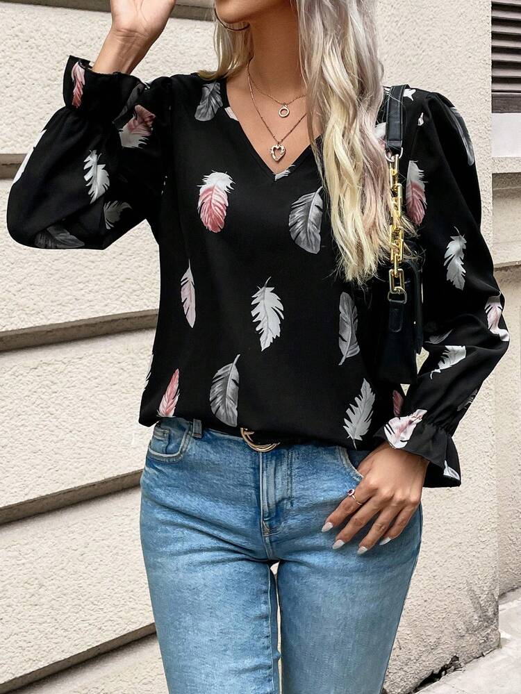 Women's Feather Print Splice Lace Shirt Winter Casual