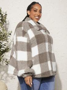 SHEIN CURVE+ 大碼大方格圖案落肩袖毛絨夾克 - 彩色 - 查看 5