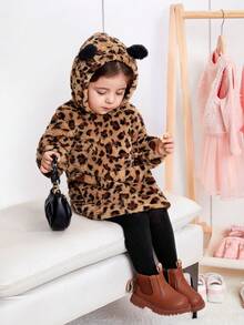 SHEIN 嬰兒女孩休閒豹紋圖案帽套加厚連衣裙 - 棕色 - 查看 3