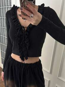 DAZY Women'S Frilled Hem Belted Long Sleeve Sweater,Ruffle Crop Women Tops Fall - Black - View 4