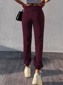 RueChic Elastic Waist Drawstring Jogger Pants With Side Pockets - Rust Brown - View 2