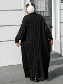 Solflare Plus Size Retro Cable Knit Long Cardigan Sweater - Black - View 2