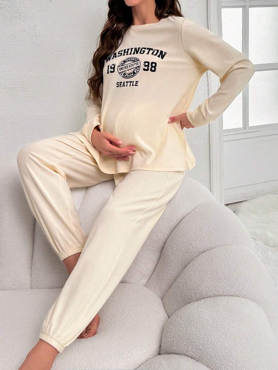 SHEIN 孕婦字母圖案可調節腰圍休閒服套裝 - 米色 - 查看 1