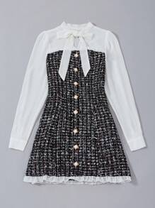 SHEIN Privé 格子圖案繫帶領口鈕扣前褶邊飾邊 2 合 1 洋裝 - 黑與白 - 查看 3