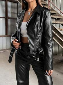 SHEIN Unity Zip Up PU Leather Moto Jacket - Black - View 5