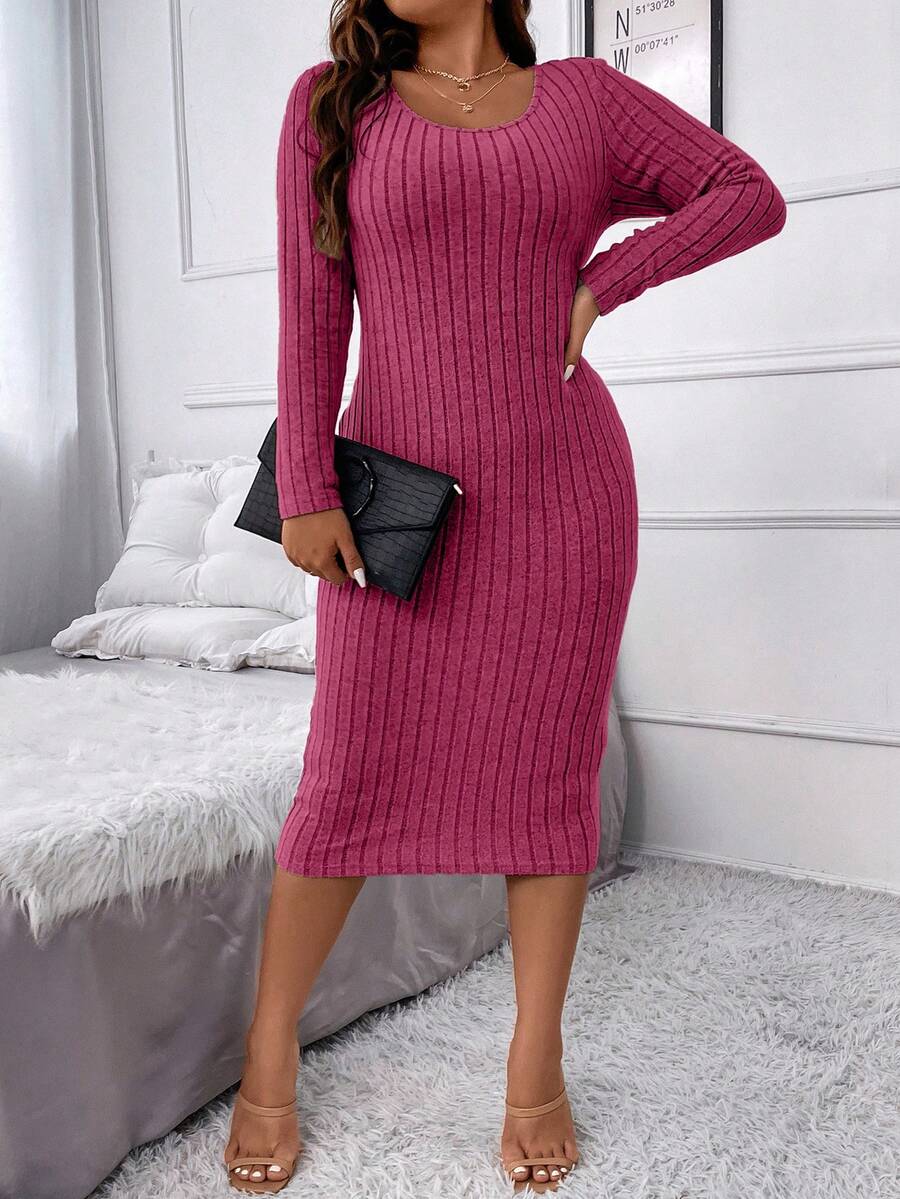 SHEIN Franclia Hơn Đồ đan Ribbed Váy bodycon - Màu Hồng Tươi - Xem 1