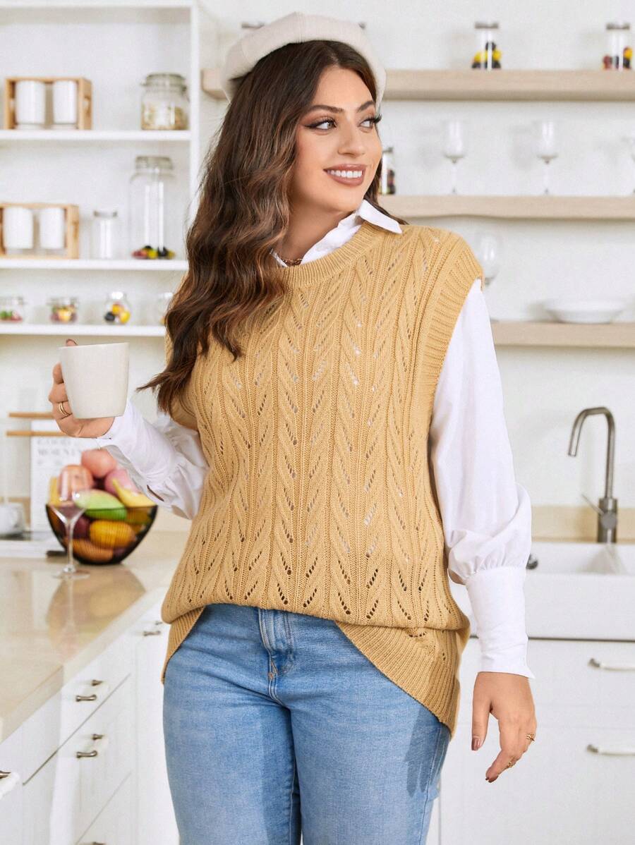 Calvaya Plus Pointelle Knit Sweater Vest Without Blouse - Khaki - View 1
