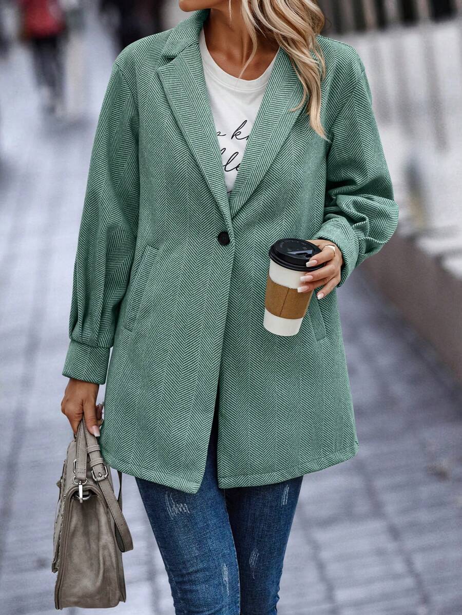 SHEIN LUNE Women's Herringbone Single-Breasted Woolen Coat Fall Cloth For Women