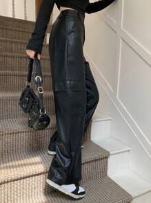 Dazy Star 女式带口袋聚氨酯工装裤 - 黑色 - 查看 1