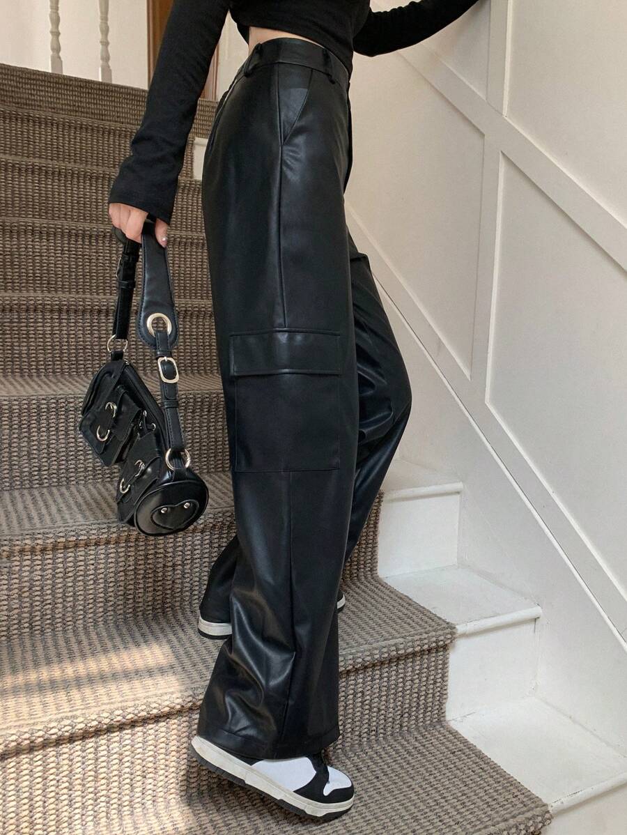 Dazy Star 女式带口袋聚氨酯工装裤 - 黑色 - 查看 1