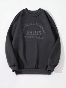 SHEIN Unity 女士文字刺繡下坡肩圓領長袖運動衫 - 灰色 - 查看 1