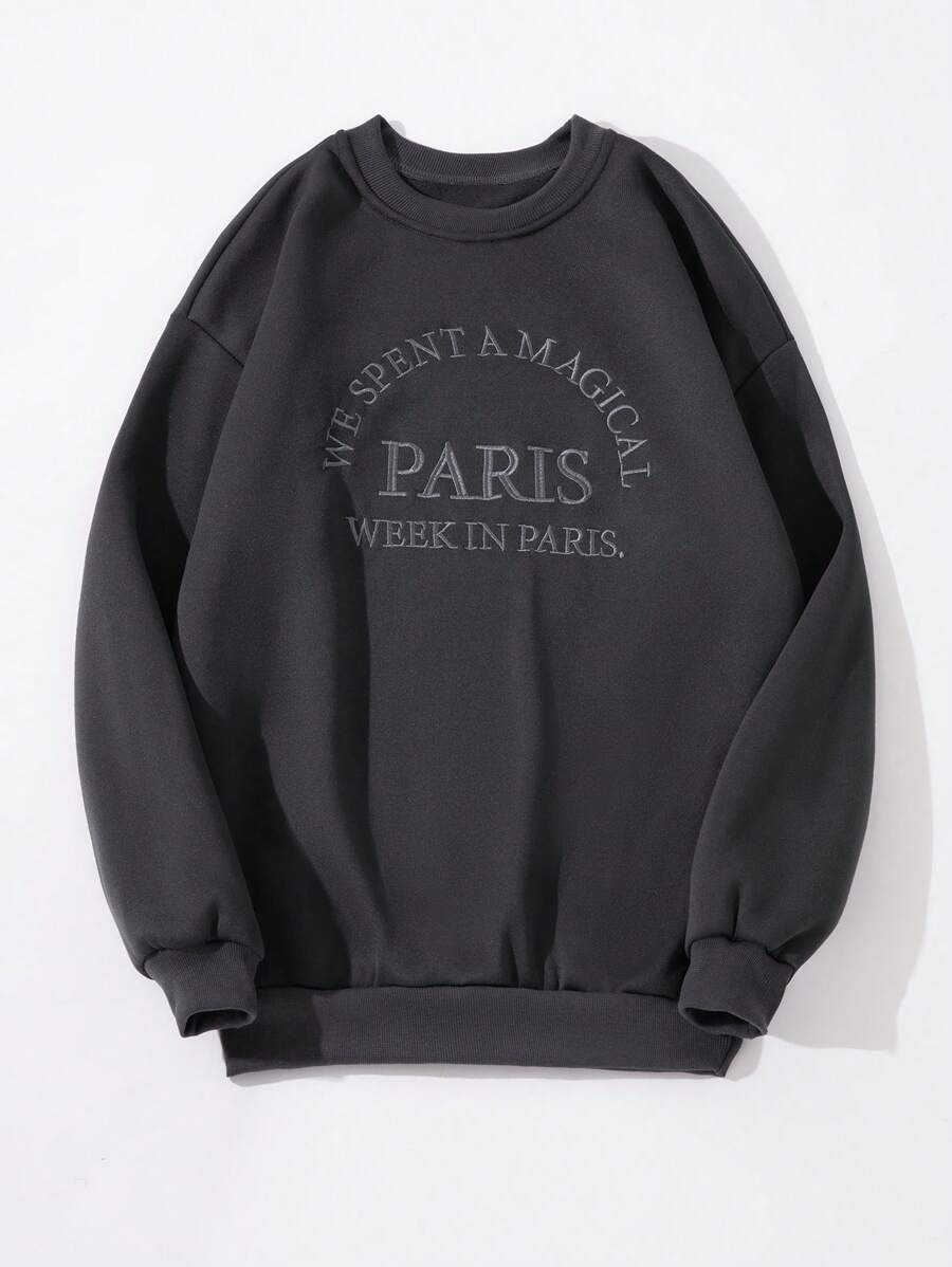 SHEIN Unity 女士文字刺繡下坡肩圓領長袖運動衫 - 灰色 - 查看 1