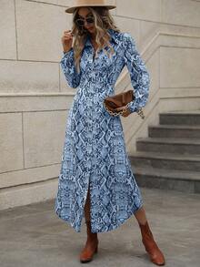 SHEIN LUNE Snakeskin Print Button Front Shirt Dress - Blue - View 3