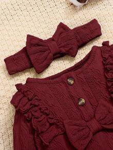 SHEIN Mono De Manga Larga Con Pantalón Largo Para Recién Nacido/niña Bebé Con Adorno De Encaje, Botones Decorativos Y Un Lindo Moño En La Parte Delantera - Burdeos - Ver 4