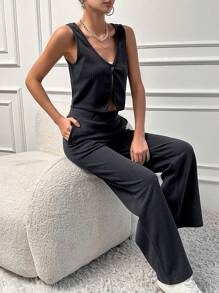 SHEIN Cottnline Solid Button Front Tank Top & Pants - Blue - View 3