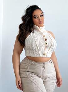 SHEIN SXY 高領無袖針織大尺碼上衣,背後開叉設計 - 杏色 - 查看 1