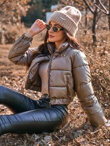 SHEIN LUNE Áo khoác đệm PU cổ đứng tay dài màu trơn giản dị, quần áo mùa thu/đông - Cà phê nâu - Xem 5