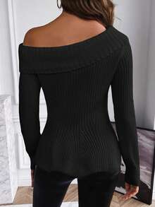 SHEIN Essnce Foldover Asymmetrical Shoulder Ribbed Knit Sweater - Black - View 2
