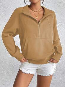 SHEIN Unity 女式拉鍊半扣領套頭衫,線插肩袖設計 - 卡其色 - 查看 4