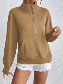 SHEIN Unity 女式拉鍊半扣領套頭衫,線插肩袖設計 - 卡其色 - 查看 5