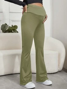 SHEIN Maternity Adjustable Waist Wide Leg Pants, Long - Green - View 4