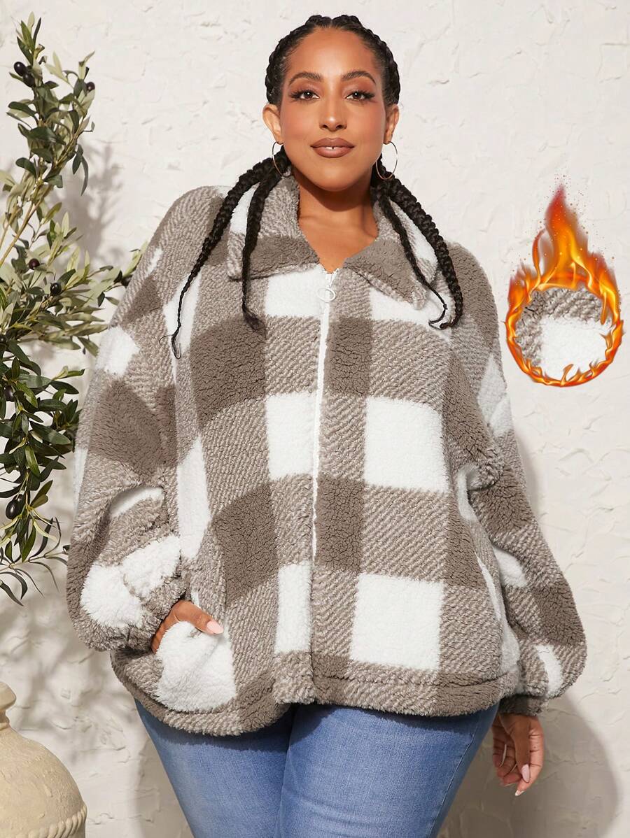 SHEIN CURVE+ 大碼大方格圖案落肩袖毛絨夾克 - 彩色 - 查看 1