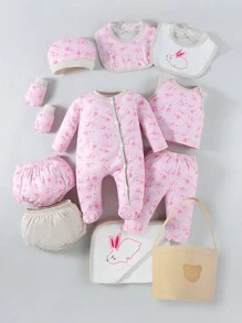 SHEIN 女婴卡通兔子图案连体衣、背心、裤子和短裤套装 - 粉色 - 查看 1