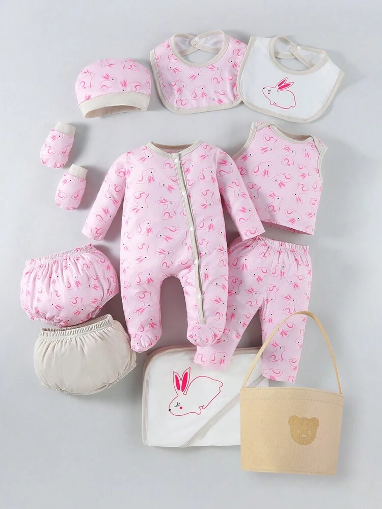 Baby Girls' Cartoon Rabbit Patterned Jumpsuit, Vest, Pants And Shorts Set