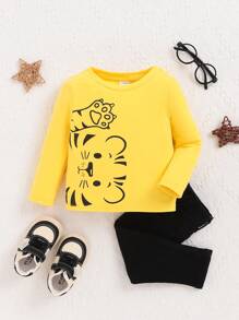 SHEIN Unisex Baby Yellow Casual Cute Cartoon Patterned Long Sleeve Top - Multicolor - View 1