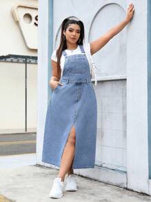 SHEIN EZwear 大尺碼牛仔分裂背帶裙 - 中等水洗藍 - 查看 4