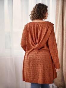 SHEIN LUNE 大尺碼網紗針織前開式連帽開衫 - 棕色 - 查看 2