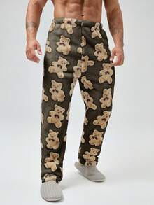 Men's Teddy Bear Patterned Home Wear Bottoms - Brown - View 3
