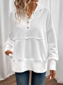 SHEIN LUNE Một nửa Nút bấm Mặt trước đường may Thả vai Hoodie - trắng - Xem 1