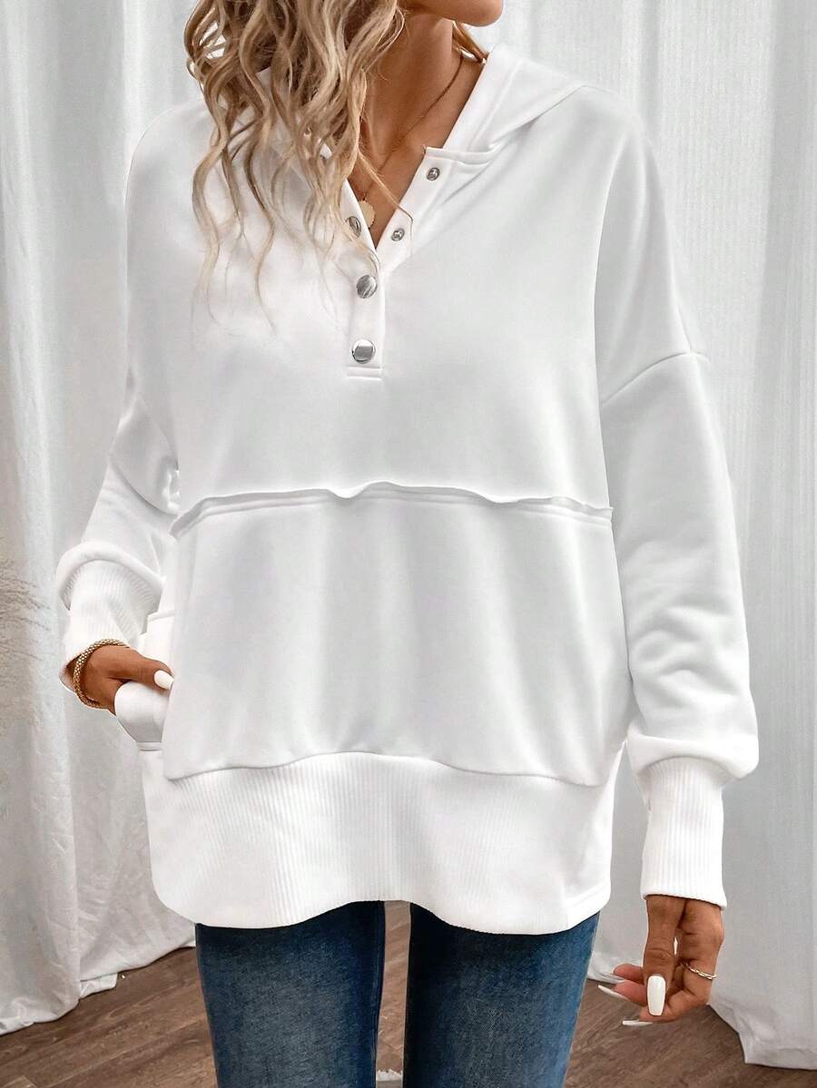 SHEIN LUNE Một nửa Nút bấm Mặt trước đường may Thả vai Hoodie - trắng - Xem 1