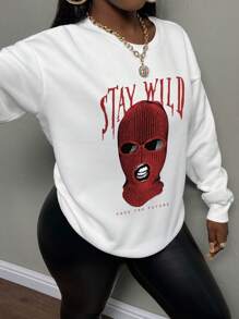 Slaydiva 休闲印花图案圆领宽松女式长袖运动衫 - 白色 - 查看 1